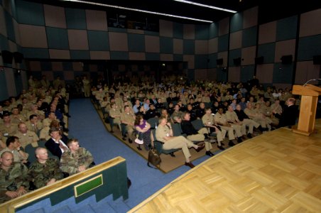 US Navy 060421-N-2568S-042 Secretary of the Navy (SECNAV) the Honorable Dr. Donald C. Winter fields questions from the audience during an all-hands call at Naval Support Activity Naples, Italy