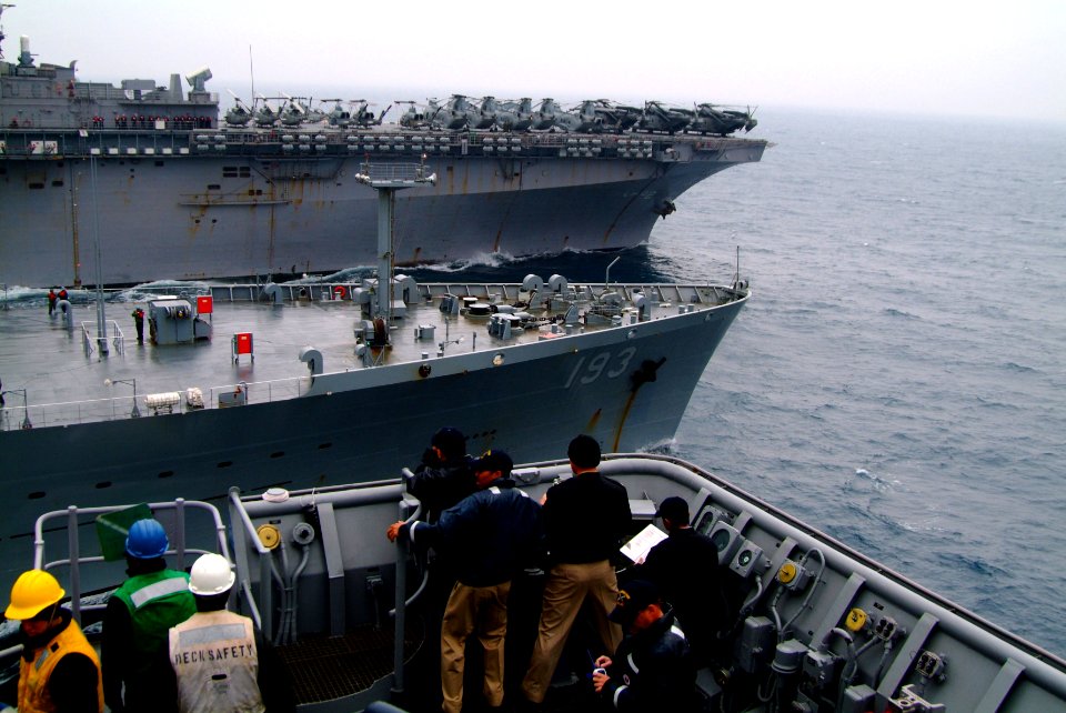 US Navy 060401-N-4772B-016 The amphibious dock landing ship USS Harpers Ferry (LSD 49) pulls alongside starboard of the Military Sealift Command (MSC) underway replenishment oiler USNS Walter S. Diehl (T-AO 193)