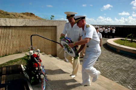 US Navy 060328-N-1906L-001 Chief of Staff of Russian Federated Navy Vice Adm. Konstantin Sidenko, and Commander of U.S. Naval Forces Marianas (NNS) Rear Adm. Joe Leidig prepare to place a wreath at the War in the Pacific Nati