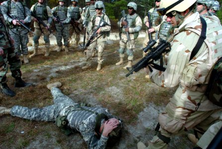 US Navy 060405-N-4097B-018 A Sailor takes control and apprehends another Sailor acting as an insurgent during the Navy's Individual Augmentee Combat Training course at Fort Jackson, S.C