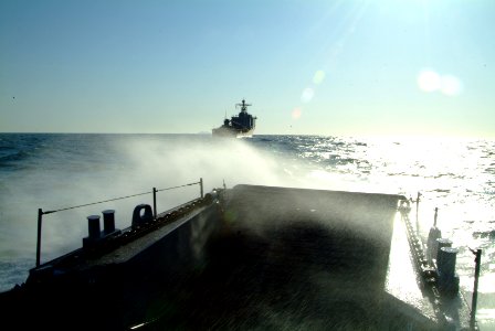 US Navy 060330-N-4772B-141 A Landing Craft Utility (LCU) assigned to the Assault Craft Unit One (ACU-1) makes its way to the amphibious dock landing ship USS Harpers Ferry (LSD 49), during a combined amphibious landing exercise