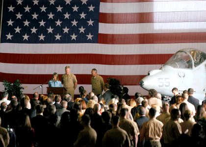 US Navy 060413-N-7945K-079 Commander, U.S. 6th Fleet, Vice Adm. John Stufflebeem, addresses Spanish diplomats prior to commencing a luncheon aboard the amphibious assault ship USS Nassau (LHA 4)
