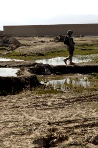 US Navy 060421-A-4576B-014 U.S. Navy Machinist's Mate 1st Class Caleb Duke, assigned to the 10th Mountain Division, walks through the countryside during a search of the local