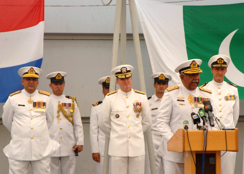 US Navy 060424-N-5863B-093 Pakistan Navy's Vice Chief of Naval Staff, Vice Adm. Mohammad Haroon Hi, addresses the crowd during a change of command ceremony
