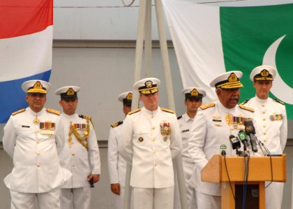 US Navy 060424-N-5863B-093 Pakistan Navy's Vice Chief of Naval Staff, Vice Adm. Mohammad Haroon Hi, addresses the crowd during a change of command ceremony photo