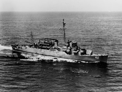 USS Gantner (APD-42) underway at sea, in the later 1940s (NH 107420)