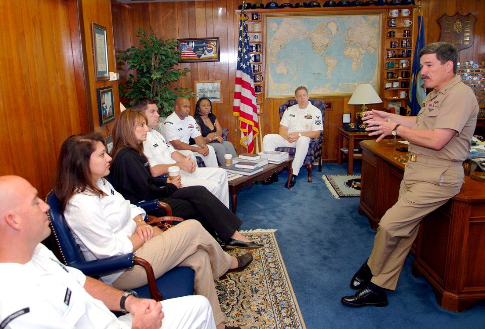 US Navy 060521-N-0962S-009 Master Chief Petty Officer of the Navy (MCPON) Terry Scott visits with the four Sailors competing for the Chief on Naval Operations Shore Sailor of the Year