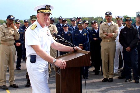 US Navy 060506-N-0780W-001 Vice Adm. Donald Arthur addresses troops aboard the Military Sealift Command (MSC) hospital ship USNS Comfort (T-AH 20) during an admiral's call