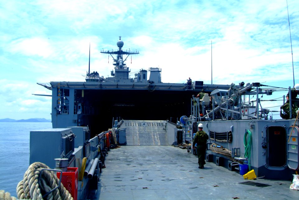 US Navy 060517-N-4772B-035 Landing Craft Utility One Six Five One (LCU-1651) exits the well deck of the amphibious dock landing ship USS Harpers Ferry (LSD 49)