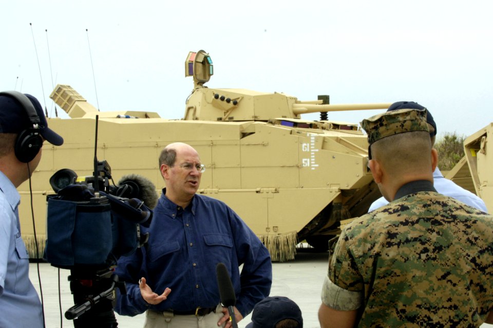 US Navy 060508-N-2568S-176 Following a ride designed to introduce him to the capabilities of the Expeditionary Fighting Vehicle, Secretary of the Navy (SECNAV), the Honorable Dr. Donald C. Winter