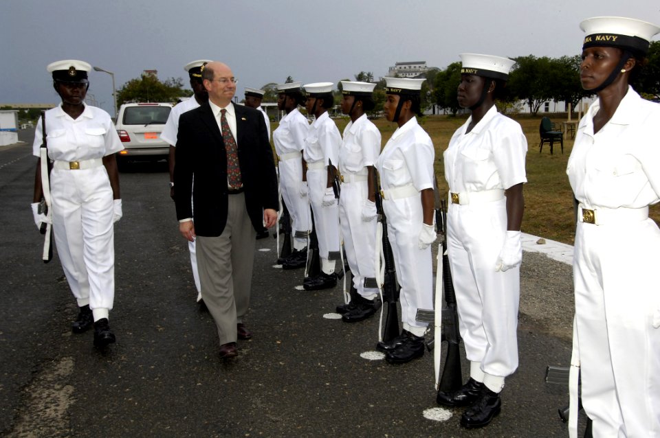 US Navy 060419-N-2568S-007 Secretary of the Navy (SECNAV), the Honorable Dr. Donald C. Winter inspects a group of Ghana Sailors during his visit to Sekondi Naval Base