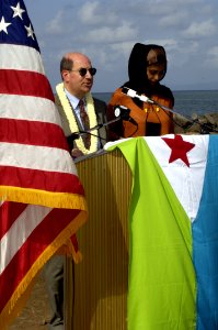 US Navy 060420-N-2568S-029 Secretary of the Navy (SECNAV) the Honorable, Dr. Donald C. Winter speaks to guests at the ground-breaking ceremony for the new Obock Pier facility in Djibouti