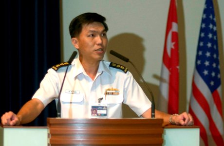 US Navy 060530-N-9851B-004 Republic of Singapore Navy Fleet Commander Col. Tan Kai Hoe, speaks about the significance of Cooperation Afloat Readiness and Training (CARAT)