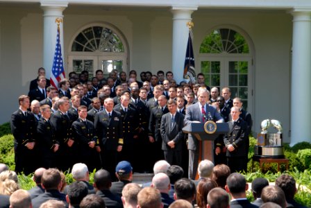 US Navy 060424-N-9909C-018 President George W. Bush speaks to guests during the official presentation of the Commander In Chief Trophy to the U.S Naval Academy football team at the White House Rose Garden