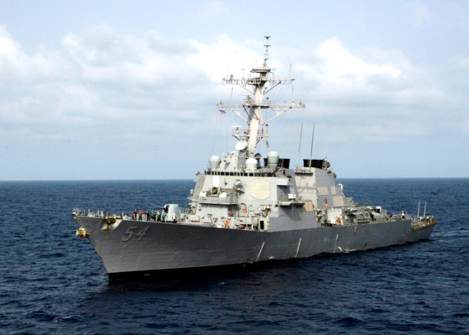 US Navy 060504-N-4953E-018 The guided-missile destroyer USS Curtis Wilbur (DDG 54) tows the guided-missile destroyer USS Stethem (DDG 63) during a towing exercise (TOWEX)
