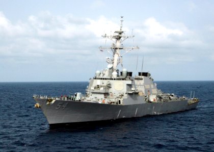 US Navy 060504-N-4953E-018 The guided-missile destroyer USS Curtis Wilbur (DDG 54) tows the guided-missile destroyer USS Stethem (DDG 63) during a towing exercise (TOWEX)