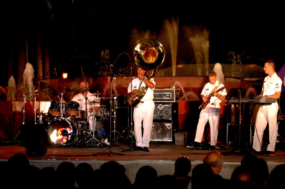 US Navy 060521-N-2832L-296 Musicians from the Norfolk based U.S. Navy Showband, deployed aboard the Military Sealift Command (MSC) hospital ship USNS Mercy (T-AH 19), perform an open air free show at Manila's bay walk