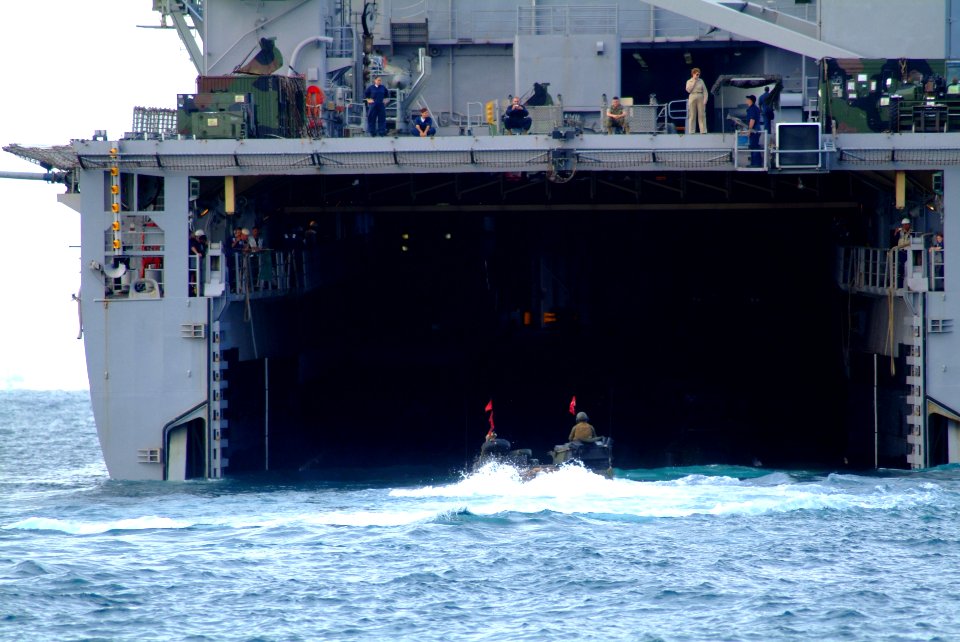 US Navy 060517-N-4772B-177 An Amphibious Assault Vehicle (AAV) assigned to the 31st Marine Expeditionary Unit (MEU) enters the well deck of the amphibious dock landing ship USS Harpers Ferry (LSD 49)