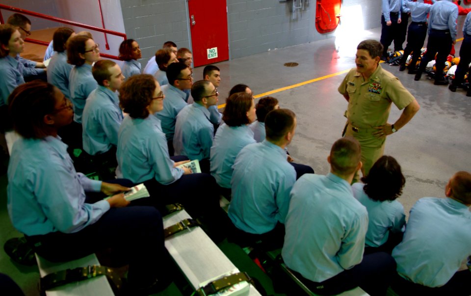 US Navy 060518-N-0962S-165 Master Chief Petty Officer of the Navy (MCPON) Terry Scott visits with some of the Navy's newest Sailors after finishing with their firefighting training on board Recruit Training Command (RTC) Great