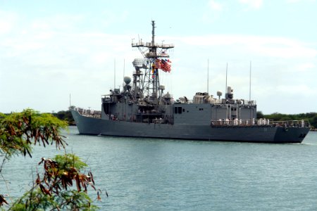 US Navy 060505-N-9643K-020 Guided-missile frigate USS Crommelin (FFG 37) departs Pearl Harbor for a four-month cruise to the U.S. Navy's 7th Fleet area of operation