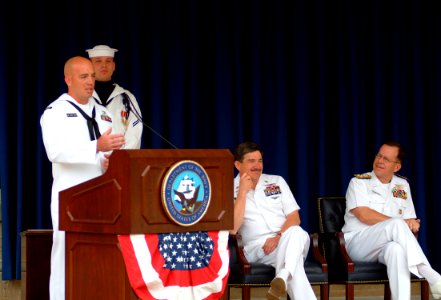 US Navy 060525-N-0962S-149 Hospital Corpsman 1st Class Jeromy M. Cronin delivers his remarks after being announced by Chief of Naval Operations (CNO) Adm. Mike Mullen as the 2006 CNO Shore Sailor of the Year