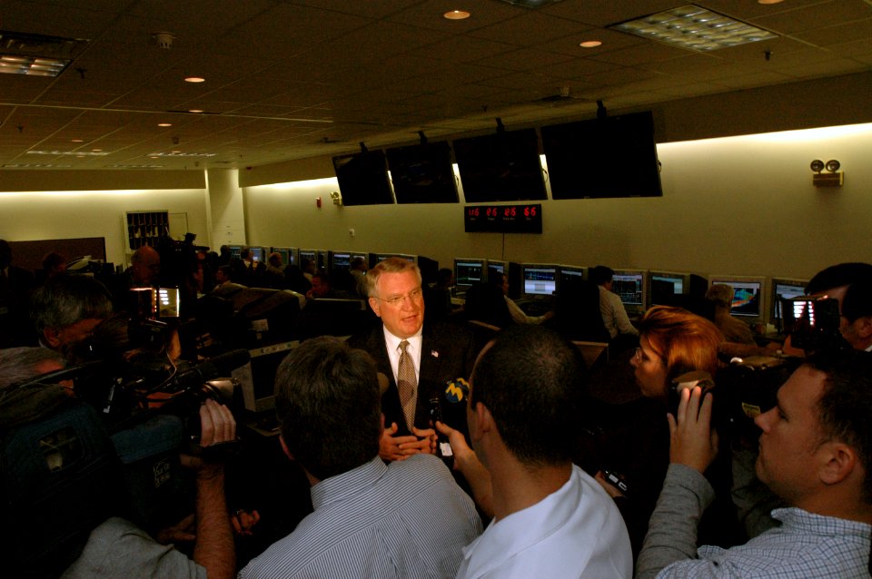 US Navy 060509-N-1928H-059 Director of the White House Office of National Drug Control Policy (ONDCP), the Honorable John P. Walters, speaks to reporters at Navy's Forces Surveillance Support Center (FSSC)