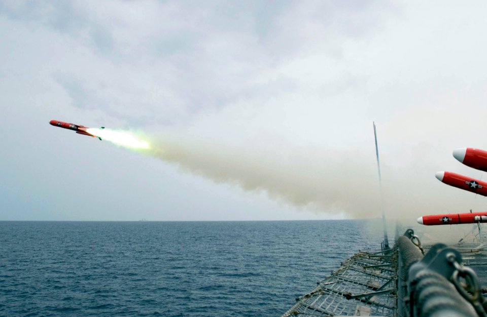 US Navy 060608-N-9851B-006 BQM-74E aerial target launches from the flight deck of amphibious dock landing ship USS Tortuga (LSD 46) during a missile exercise during the Singapore phase of exercise Cooperation Afloat Readiness a