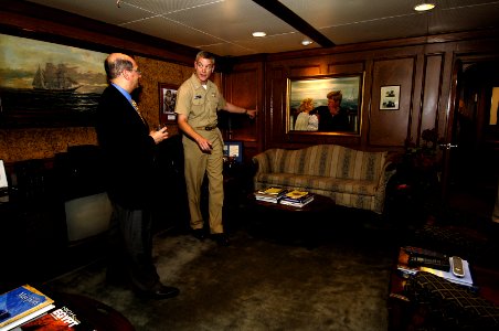 US Navy 060602-N-3642E-009 Secretary of the Navy (SECNAV) the Honorable Dr. Donald C. Winter receives a tour from Capt. Dennis Fitzpatrick Commanding Officer of USS John F. Kennedy (CV 67)