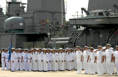 US Navy 060620-N-9851B-003 Royal Thai Navy (RTN) and U.S. Navy Sailors stand in formation during the opening ceremony of the Thailand phase of exercise Cooperation Afloat Readiness and Training (CARAT)