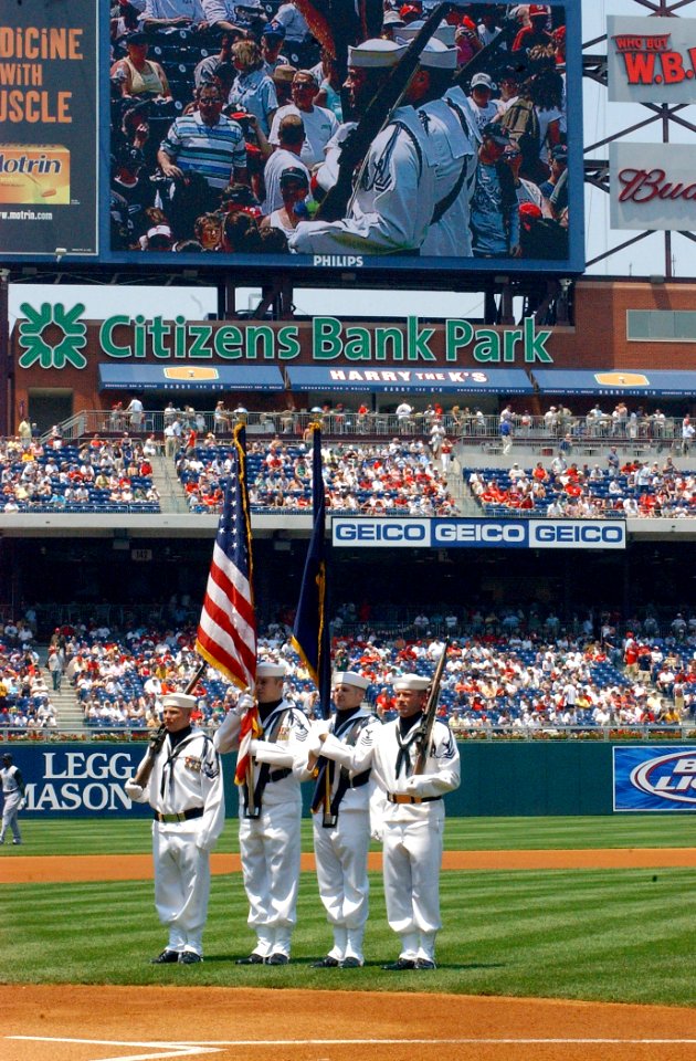 US Navy 060618-N-4729H-120 Navy Recruiting District Philadelphia Color Guard members present the American flag on the Citizens Bank Park infield