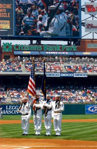 US Navy 060618-N-4729H-120 Navy Recruiting District Philadelphia Color Guard members present the American flag on the Citizens Bank Park infield