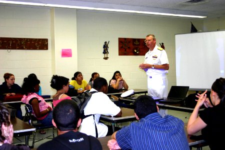 US Navy 060612-N-8110K-034 Deputy Commander, Ship Design, Integration and Engineering, Naval Sea Systems Command, Rear Adm. Kevin McCoy, talks to Navy and Marine Corps Junior ROTC students photo