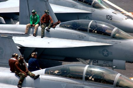 US Navy 060703-N-2659P-006 Sailors take a moment to relax during preparation for Carrier Air Wing Nine (CVW-9) air power demonstration on the flight deck aboard the Nimitz-Class aircraft carrier USS John C. Stennis (CVN 74)