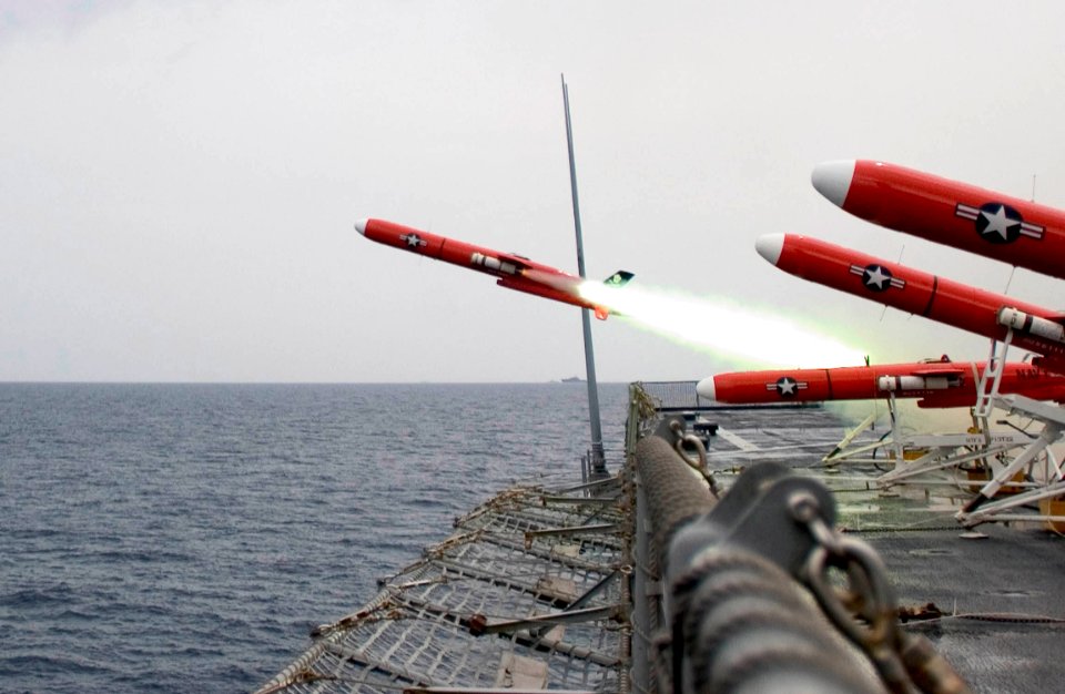US Navy 060608-N-9851B-005 A BQM-74E aerial target launches from the flight deck of amphibious dock landing ship USS Tortuga (LSD 46) during a missile exercise
