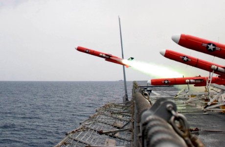 US Navy 060608-N-9851B-005 A BQM-74E aerial target launches from the flight deck of amphibious dock landing ship USS Tortuga (LSD 46) during a missile exercise
