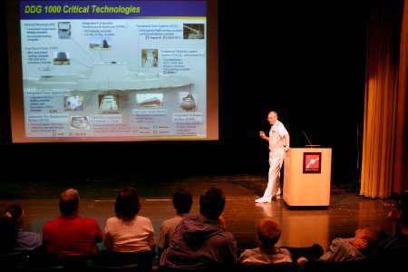 US Navy 060612-N-8110K-048 Deputy Commander, Ship Design, Integration and Engineering, Naval Sea Systems Command, Rear Adm. Kevin McCoy, presents a lecture on the new Navy photo
