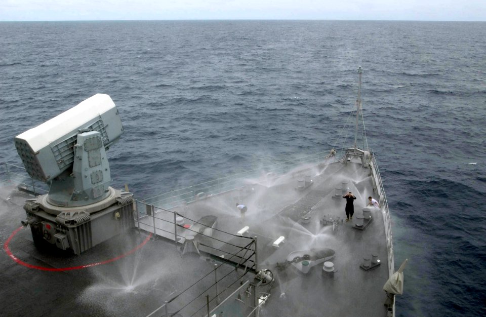 US Navy 060617-N-9851B-005 The counter measure wash down system aboard amphibious dock landing ship USS Tortuga (LSD 46) is tested to ensure its readiness on the ship's foc'sle