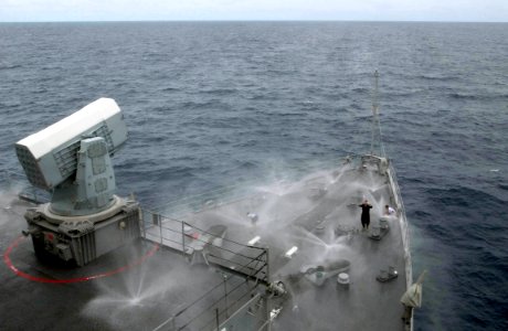 US Navy 060617-N-9851B-005 The counter measure wash down system aboard amphibious dock landing ship USS Tortuga (LSD 46) is tested to ensure its readiness on the ship's foc'sle