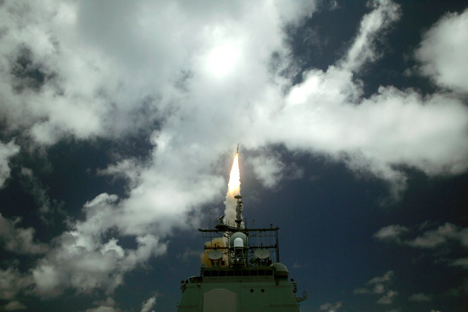 US Navy 060622-N-0000X-003 A Standard Missile Three (SM-3) is launched from the guided missile cruiser USS Shiloh (CG 67) during a joint Missile Defense Agency, U.S. Navy ballistic missile flight test