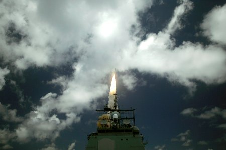 US Navy 060622-N-0000X-003 A Standard Missile Three (SM-3) is launched from the guided missile cruiser USS Shiloh (CG 67) during a joint Missile Defense Agency, U.S. Navy ballistic missile flight test