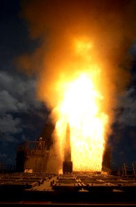 US Navy 060622-N-0000X-002 A Standard Missile Three (SM-3) is launched from the guided missile cruiser USS Shiloh (CG 67) during a joint Missile Defense Agency, U.S. Navy ballistic missile flight test