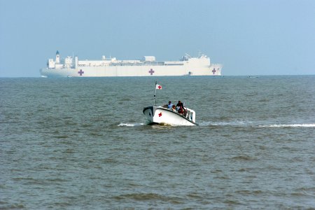 US Navy 060814-N-6501M-123 The Military Sealift Command (MSC) hospital ship USNS Mercy (T-AH 19) sits on the horizon as Band-Aid One, one of two transport boats shuttle patients and crew from ship to shore