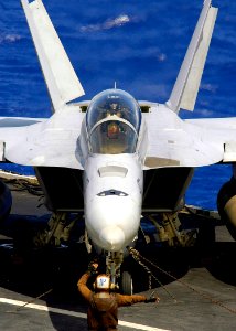 US Navy 060622-N-7981E-067 A plane captain directs an F-A-18F Super Hornet aircrew as they perform control surface checks prior to takeoff on the flight deck aboard the Nimitz-class aircraft carrier USS Abraham Lincoln (CVN 72) photo
