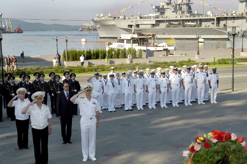 US Navy 060704-N-2468S-001 Commander, U.S. Seventh Fleet, Vice Adm. Jonathan W. Greenert, lower-right, salutes alongside his Russian counterparts during a wreath laying ceremony held at the Russian Navy Pacific War Memorial