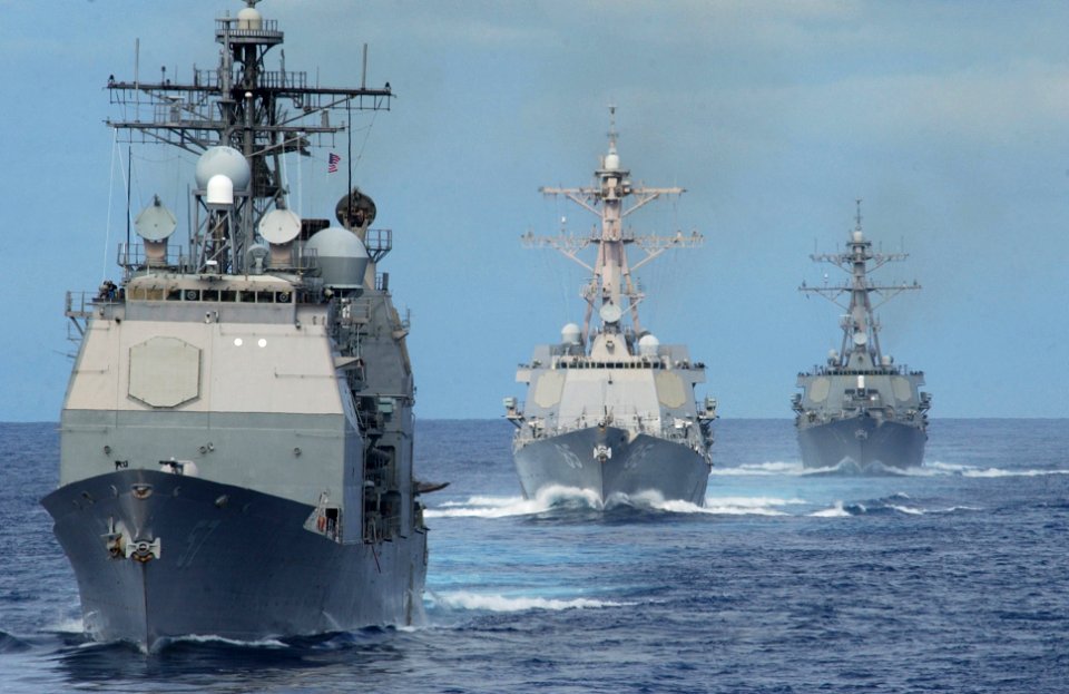 US Navy 060703-N-4776G-053 The guided-missile cruiser USS Lake Champlain (CG 57) leads the way followed by the guided-missile destroyers USS McCampbell (DDG 85) and USS Decatur (DDG 73)