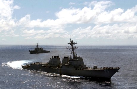 US Navy 060701-N-7130B-214 The guided-missile destroyer USS McCampbell (DDG 85) makes a turn away from the guided-missile destroyer USS Decatur (DDG 73) during preparations for air power demonstration