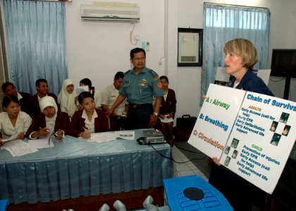 US Navy 060815-N-3931M-001 Navy Lt. Lana Vanvoorhees from the Medical Treatment Facility aboard the Military Sealift Command (MSC) hospital ship USNS Mercy (T-AH 19), explains basic CPR to local residents at the RSUD Tarakan Ho