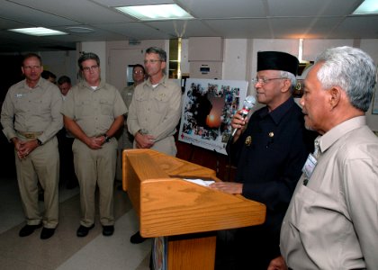 US Navy 060816-N-3931M-062 Mayor of Tarakan, H. Jusuf SK thanks crew members stationed aboard the Military Sealift Command (MSC) hospital ship USNS Mercy (T-AH 19)