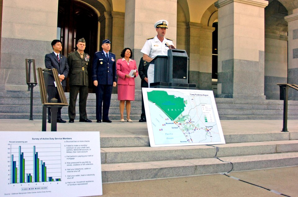 US Navy 060823-N-6843I-073 Commander, Navy Region Southwest Rear Adm. Len R. Hering Sr. speaks to reporters during a press conference for assembly bill (AB) 1965 at the California State Capitol building