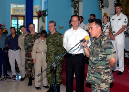 US Navy 060820-N-9076B-092 Medical personnel from different nations and services introduce themselves during opening ceremonies on the first day of the Military Sealift Command (MSC) hospital ship USNS Mercy (T-AH 19) visit to